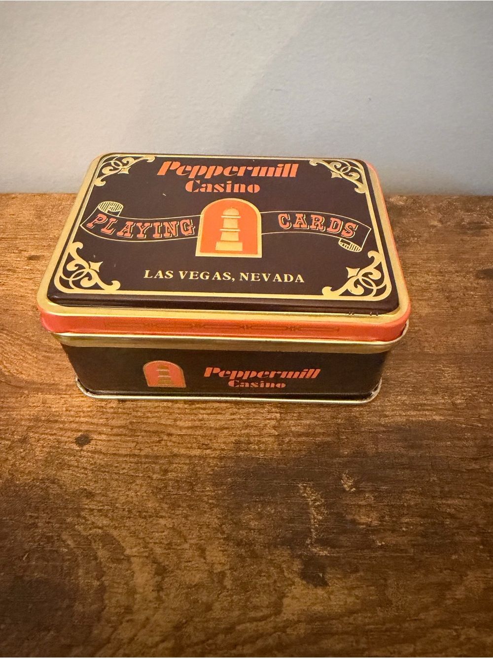 Vintage Peppermill Casino Las Vegas Playing Card Tin Empty Metal Storage Box